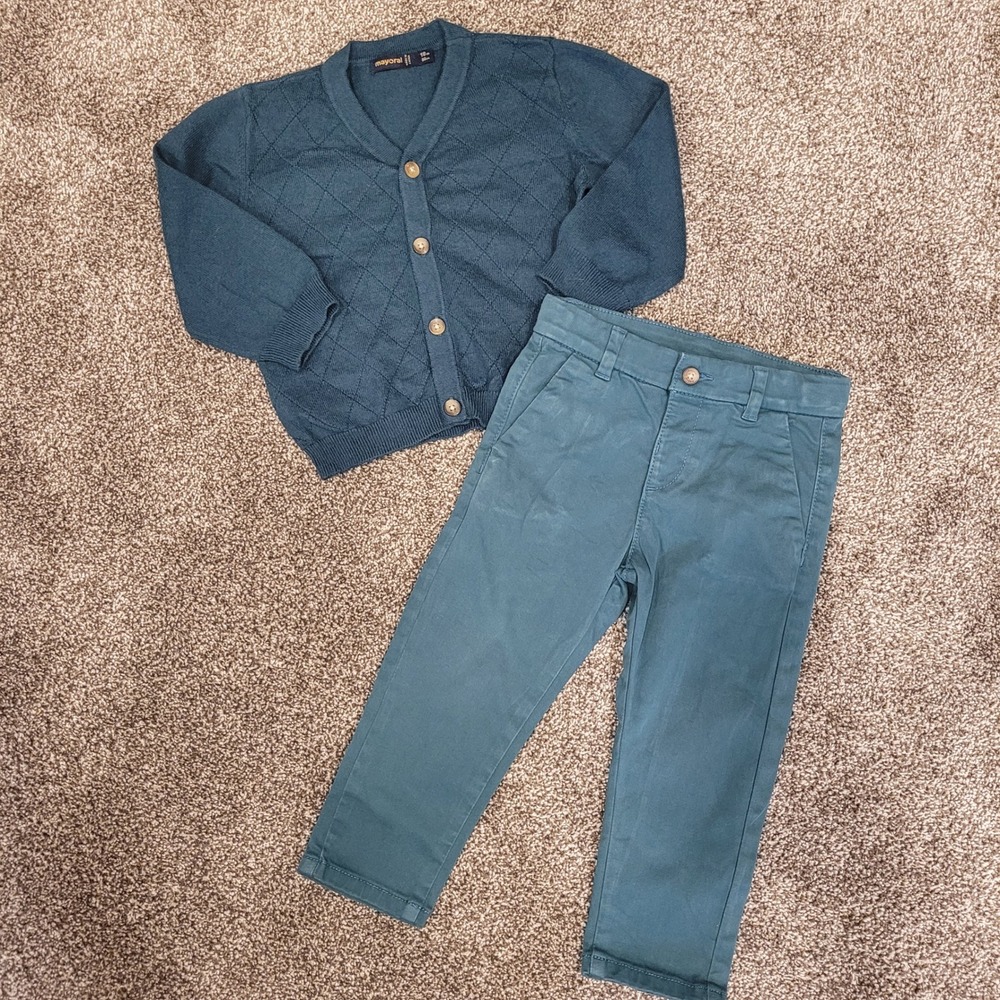 Mayoral Kids Teal Diamond Knit Cardigan and Chino Pants Set 18m 86cm